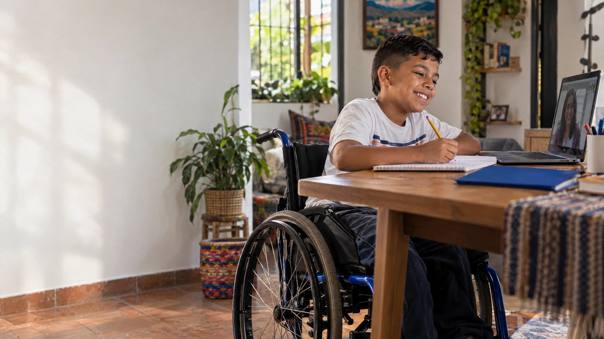 Imagen ilustrativa de un niño que usa silla de ruedas y aprende en casa, no un beneficiario identificado